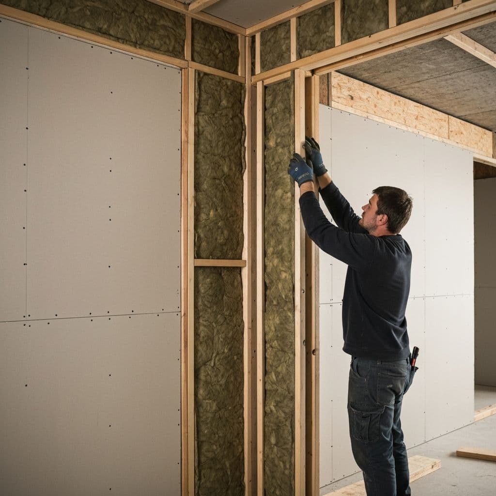 Installation von Schallschutz-Dämmmaterial in Wandkonstruktion