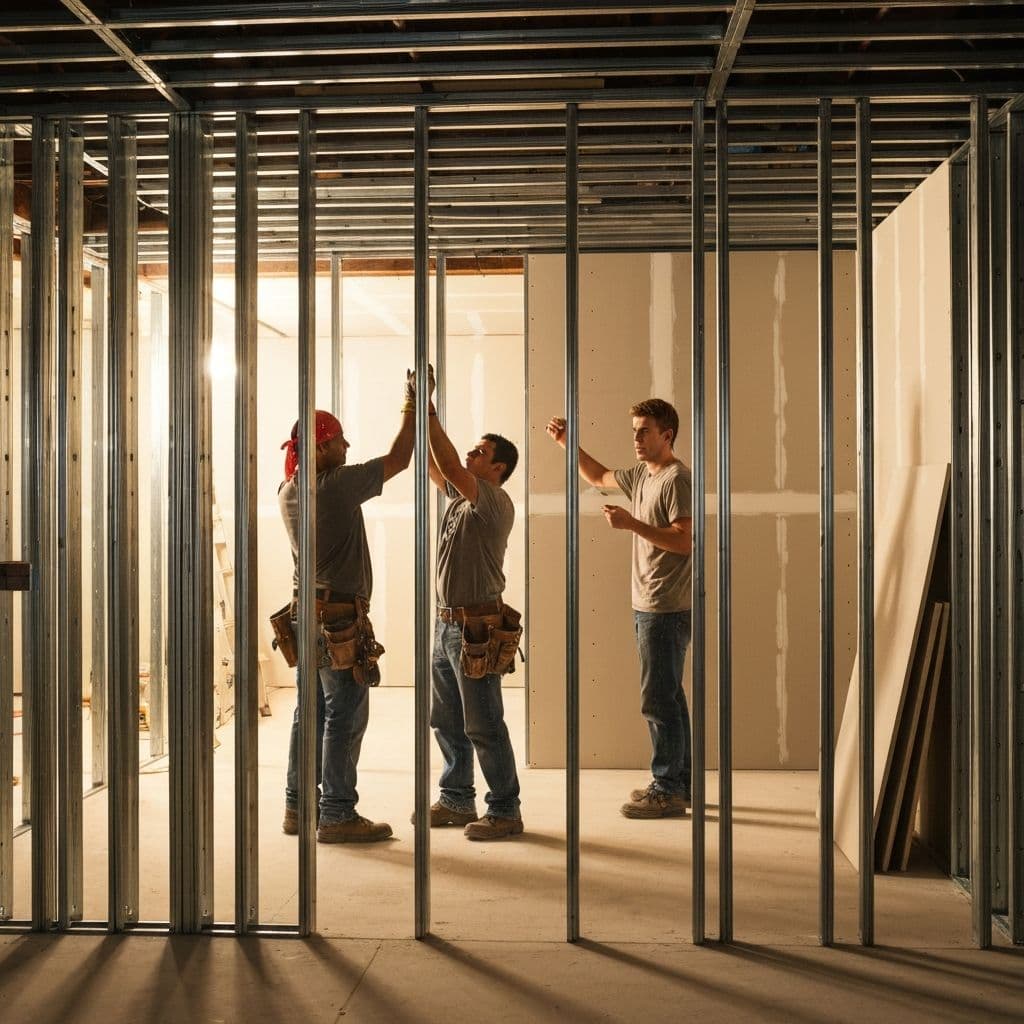 Professionelle Trockenbauarbeiten auf einer Baustelle